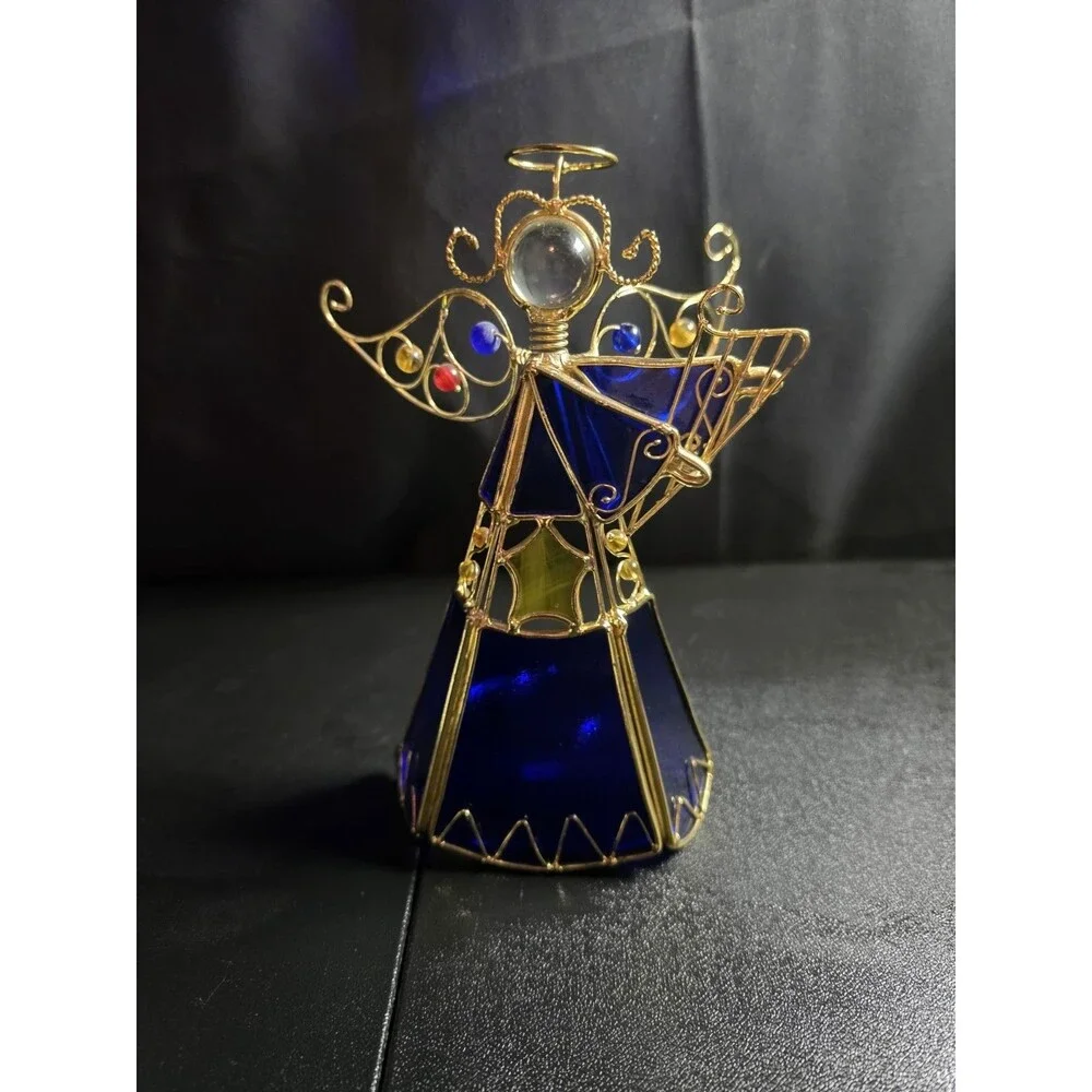 Handmade Stained Glass Angel Tealight Candle Holder Blue Gold Wire